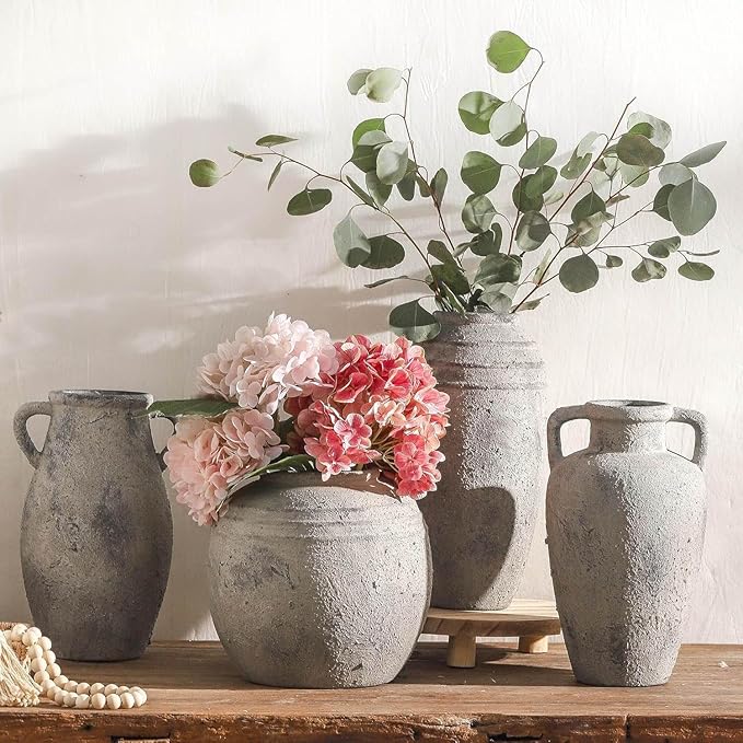 Large Vase with Handle - Ceramic Rustic Vase, 11.41 inch Tall Terracotta Flower Vase with 2 Handles, Decorative Vases for Home Decor, Dining Table, Living Room, Kitchen, Office