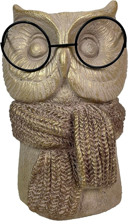 Bespectacled Owl Cement Vase 8.25 Inch – Whimsical Animal Planter with Real Glasses, Knit Textured Scarf, and Gold Metallic Accents, Distressed Taupe Finish, Unique Indoor Decor Gift