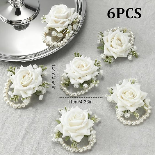 6 PCS Artificial Flowers Wrist Corsage Wristlet Band,Wedding Ball Accessories for Brides, Grooms, Bridesmaids