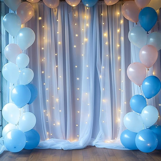 30ft x 10ft Blue Backdrop Curtain with Lights String for Parties, Sheer Tulle Wedding Photo Backdrops Drapes for Baby Shower Birthday Party Decorations Background for Photography