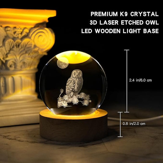 3D Laser Etched Owl Crystal Ball with LED Stand, Glass Owl Animal Figurine Lamp Night Light Gifts for Women Kids(2.4 in)
