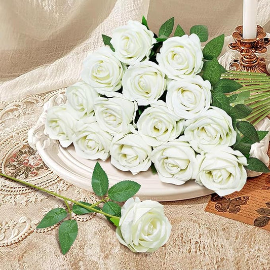 22 Pcs Artificial Roses - Realistic Velvet Flowers with Stems, Bulk Faux Roses for Home Wedding Party Decor (White)