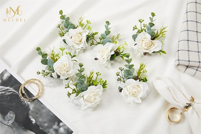 Meldel White Corsage and Boutonniere Set, Ivory Boutonniere, Prom Flower Wrist Corsage Bracelets, Homecoming Corsage Wristlet, Men Boutonniere for Wedding Flowers Accessories Prom Suit Decorations