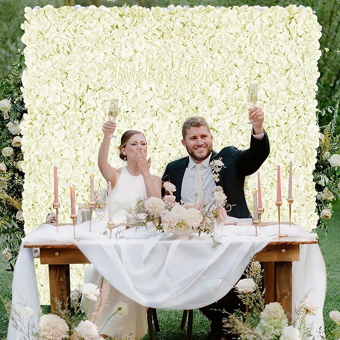 Ivory Backdrop Flowers Wall Panels: 24 Pcs 15 x 15 Inch Floral Backdrop Artificial Flower Wall Decor for Baby Shower Wedding Photo Background Decoration (5ft by 7.5ft)