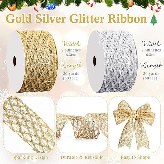 Geosar 20 Yards Gold Silver Glitter Mesh Wired Ribbon for Christmas Tree Decorations, Gift Wrapping, DIY Craft, Xmas Wreaths, Cabinet Decor (2.5 Inch)