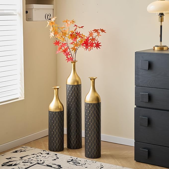 Metal Floor Vases Decorative, Set of 3 Flower Arrangement Stand, Tall Gold&Black Metal Floor Vases for Living Room, Bedroom & Entryway, 34.25", 30.31", 24.8" H (Gold&Black)