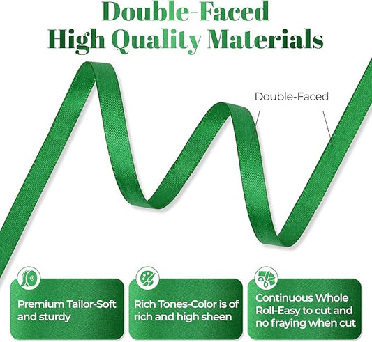 Green Satin Ribbon, Double Faced 1/4 Inch X 50 Yards Green Ribbon, Premium Satin Ribbon for Gift Wrapping, Crafts, Hair Bow Making, Sewing, Flower Bouquet, Wedding Party Decor