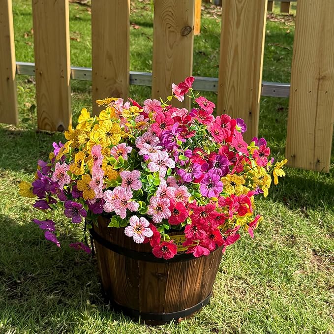 12 Bundles Artificial Flowers for Outdoor,No Fade UV Resistant Fake Flowers,Faux Plants for Outside Hanging Planters,Artificial Plants for Indoor Porch Garden Home Wedding Decor(4 Color)