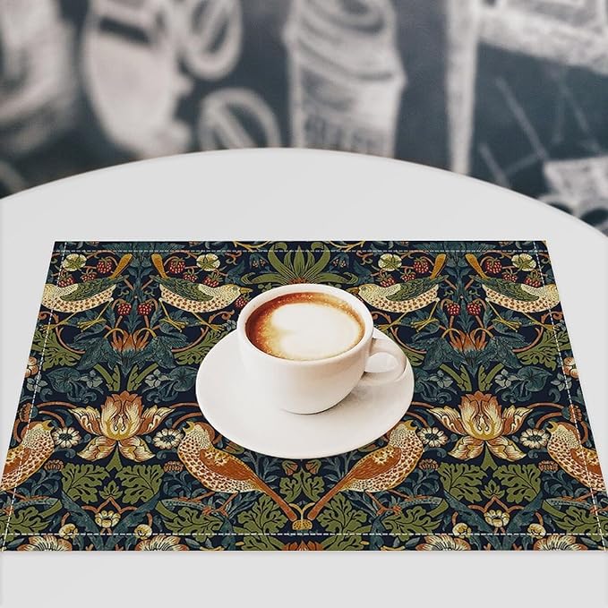 William Morris Floral Placemats Set of 6, Vintage Flower Strawberry Birds Green Place Mats, Heat Resistant Non Slip Cotton Linen Dining Table Mats for Home Kitchen Party 18x12 Inch