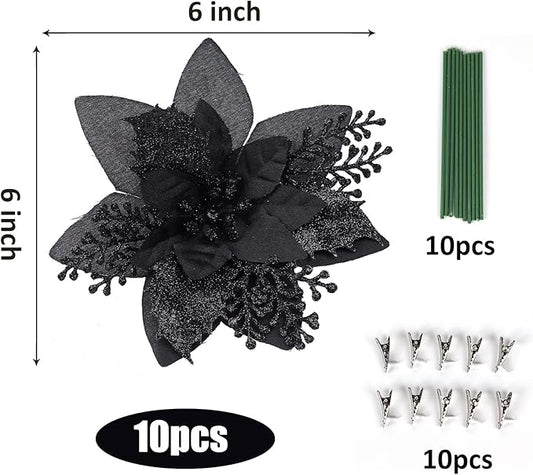 RECUTMS Black Christmas Glitter Artificial Flowers 10 Pcs 6inch Christmas Tree Flowers Halloween Ornaments Holiday Seasonal Decorations