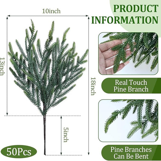 50 Pcs Pine Branches - Real Touch Artificial Pine Stems - Christmas Greenery Picks for DIY Wreaths Garlands Vase Arrangements, Indoor Outdoor Christmas Decor