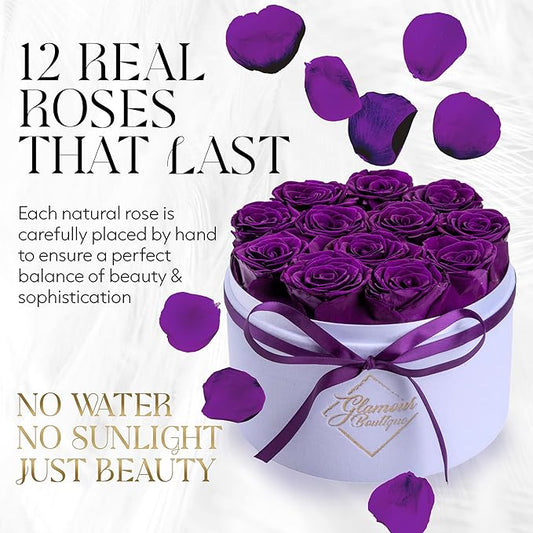 GLAMOUR BOUTIQUE Flower Forever Gift Box 12 Real Preserved Roses in Round Velvet White Box, Handmade, Rose Petals, Birthday, Marriage, Anniversary, Graduation - Purple