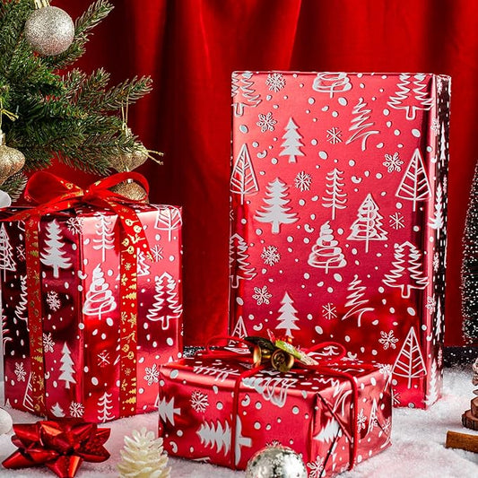 MAYPLUSS Christmas Red Wrapping Paper Roll - 17 Inch X 33 Feet - Luxury Metallic Shiny Red Christmas Tree and Snow Foil Roll Winter Holiday Gift Wrap Sheet for Party, DIY Crafts & Festive Decoration