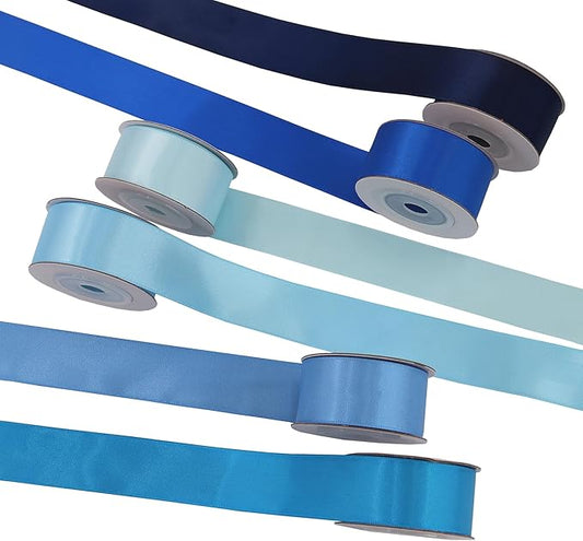 Double-Face Blue Satin Ribbon for Gift Wrapping, Wedding, Baby Shower, Boy 6 Colors Satin Ribbon 1" X 5 Yard Each Total 30 Yds Per Package