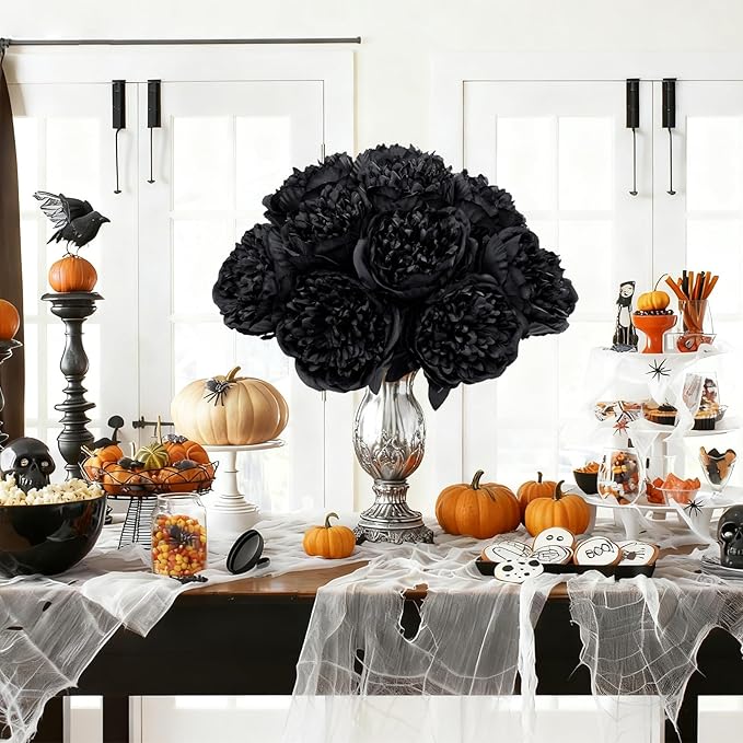 U'Artlines 10 Heads Artificial Peony Silk Flower Leaf Home Office Wedding Party Festival Bar Decor (Black)