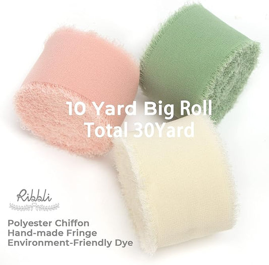 Ribbli Chiffon Ribbon 1.5 inch x 30 Yard Handmade Silk Ribbon, Ivory/Blush Pink/Sage Green Fringe Chiffon Ribbon for Wedding Invitations, Bridal Bouquets Wrapping, Flower Arrangement Decoration