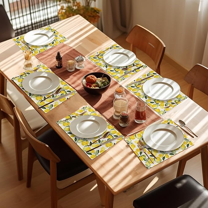 Lemon Placemats Set of 6,Washable Heat Resistant 12×18 Inch Linen Table Mats Yellow Place Mats for Party Outdoor Dining Décor