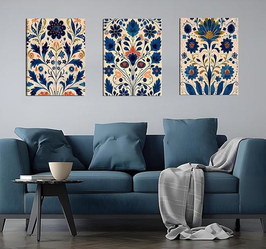 3 Pcs Blue Boho Flower Canvas Wall Art, Floral Painting Poster Wall Decor,Wildflower Botanical Picture for Wall Living Room Bathroom Bedroom Home Decoration 12*16 in (Stretched Canvas on A Wooden Frame)