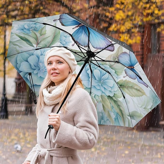 Automatic Folding Umbrella Windproof Strong, UV Protection Compact Floral Hydrangea Hummingbird Sun Rain Sun Rain Travel Umbrellas for Women Men