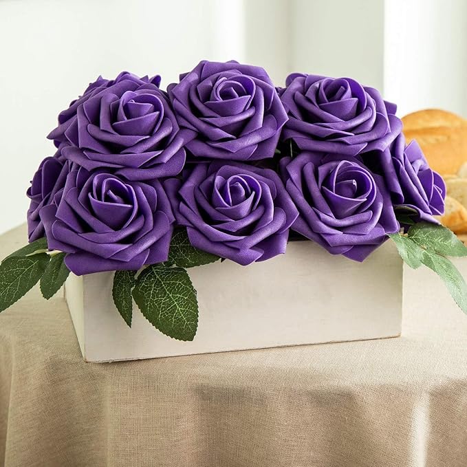 Purple Artificial Flower Purple Silk Rose 25pcs Real Looking Fake Rose with Stems Leaves for Home Decoration Party Garden Centerpieces DIY Wedding Bouquets(Deep Purple)