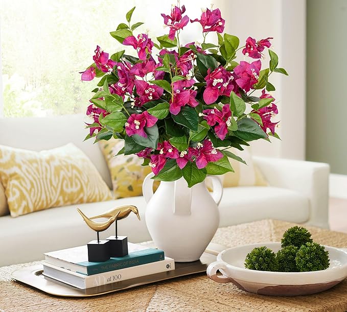 Hollyone 2Pcs Bougainvillea Artificial Flowers Bouquets Red Fake Flower Silk Flowers with Long Stem Floral Arrangements Faux Bougainvillea Flower Plant for DIY Wedding Party Centerpieces Home Decor