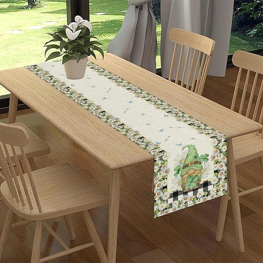 Daisy Gnome Table Runner, Butterfly Truck Buffalo Plaid Yellow Summer Farmhouse Decor for Family Kitchen Farmhouse Holiday Party Table Decorations Indoor Outdoor 13x72 inch