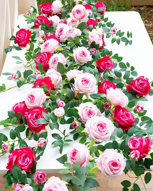6FT Bendable Flower Garland, Artificial Rose Vine Hanging Floral Garland Decoration for Weding Home Room Wall Decor (Fuchsia, 1pcs)