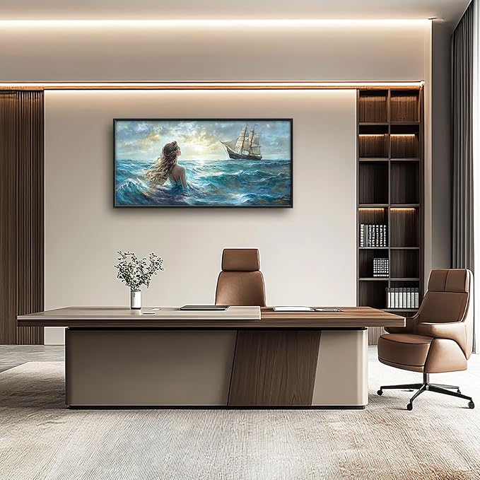 Mermaid Large Wall Art Ocean Mermaid Boat Pictures Wall Decor Nautical Canvas Seascape Print Painting Modern Artwork Home Decoration for Living Room Bathroom Bedroom Office Framed 60"x30"