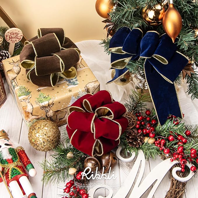 Ribbli Navy Velvet Wired Ribbon 2.5 Inch Luxury Matte Velvet Christmas Ribbon for Gift Wrapping Christmas Tree Decoration Crafts Wreaths Supplies - 10 Yards
