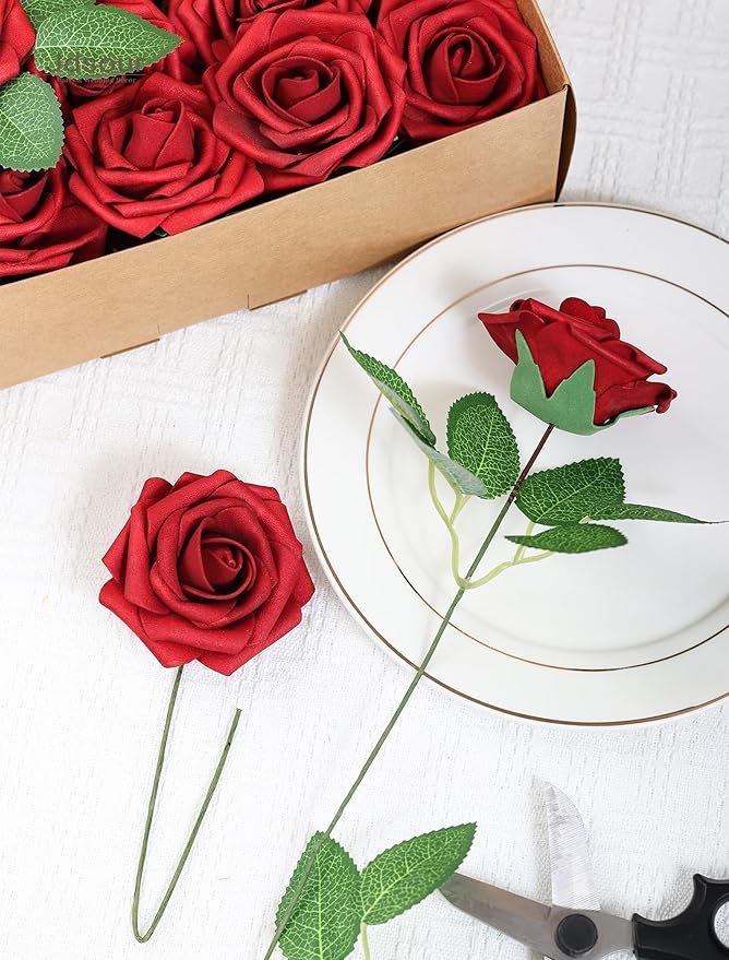 50pcs Artificial Flower,Real Touch Foam Roses w/Stem DIY for Wedding Bouquet Centerpieces Party Shower Home Decor-Dark red