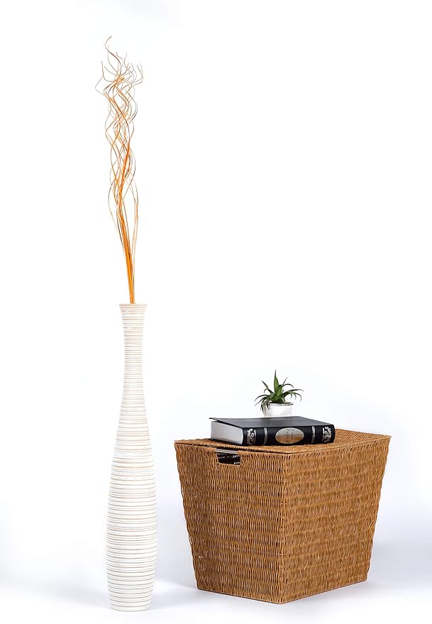 Leewadee Large White Home Decor Floor Vase - Wooden 26 inch Tall Farmhouse Decor Flower Holder for Fake Plant and Pampas Grass