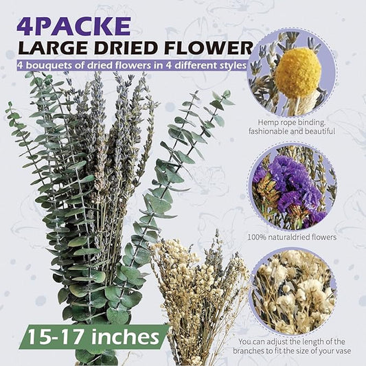 4 Pack Large Lavender Dried Bouquet 15-17 Inch, Handmade Dried Floral Flowe for Wedding Decor, DIY Vase Arrangement, Photo Backdrops, Wedding Lapel Flowers and Home Floral Display