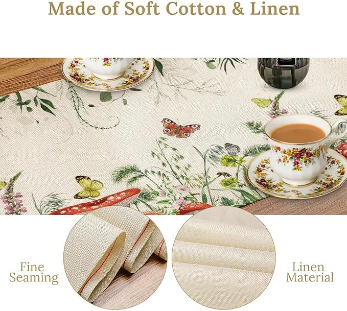 Watercolor Mushroom Table Runner, Boho Vintage Green Plant Butterfly Wildflower Eucalyptus Leaf Print Table Cover for Home Holiday Party Indoor Outdoor, 13x108inch