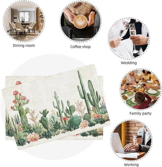 Cute Cactus Placemats Set of 6, Western Succulent Place Mats, Rustic Summer Plant Dining Table Mats, Washable Placemats for Kitchen Dining Room 18L'' × 12W''
