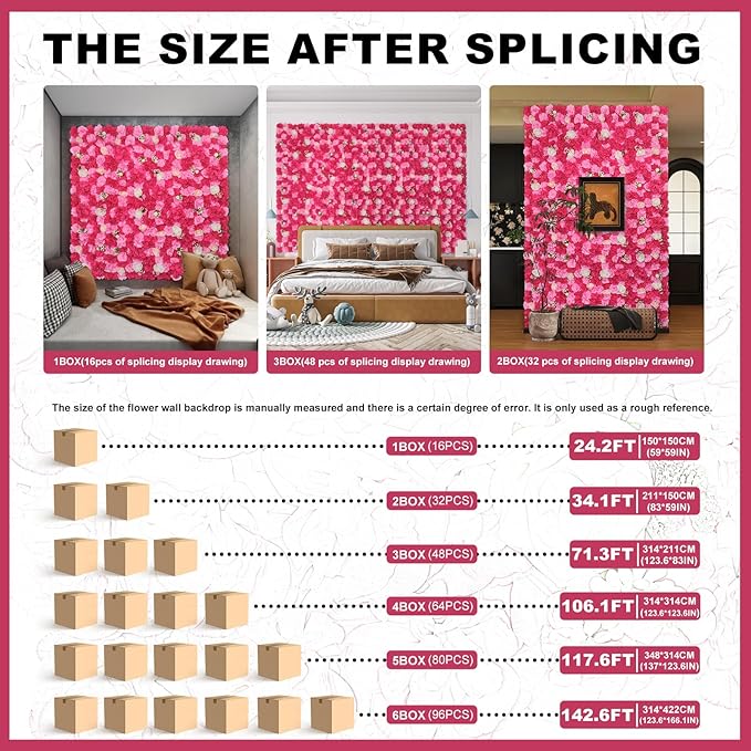 Artificial Flower Wall Backdrop 16pcs 16.5x16.5 Inch Silk Rose Floral Panels Ideal for Wedding Celebrations, Festive Party Backdrops, and Elegant Home Decor-Pink and Rose Red