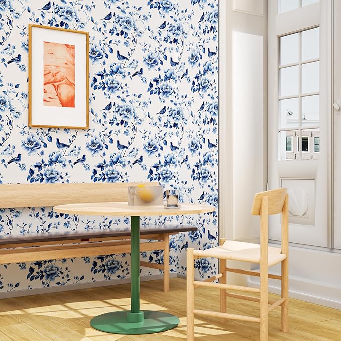 Blue Floral Wallpaper Peel and Stick Vintage Bird Leaf Contact Paper Self Adhesive Removable Modern Wall Mural Boho Wall Paper for Room Walls Cabinet Kitchen Decor 17.5in x9.8ft