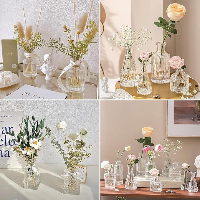 Glass Bud Vase Set of 5, Mini Clear Bud Vase for Centerpieces in Bulk, Small Vintage Flower Vases for Weddings Parties Home Table Decorative