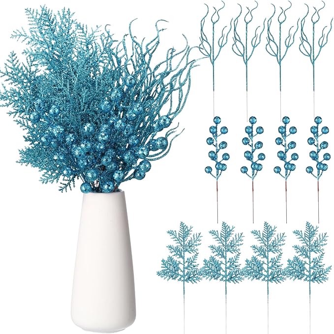 75 Pcs Christmas Glitter Branches 3 Styles Artificial Christmas Picks Berries Stems Pine Needles Floral Twig Spray for Xmas Tree Ornaments DIY Wreath Garland(Light Blue)