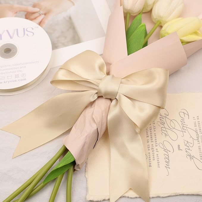 Beige Satin Ribbon, Double Faced 2 Inch X 50 Yards Beige Ribbon, Premium Satin Ribbon for Gift Wrapping, Crafts, Hair Bow Making, Sewing, Flower Bouquet, Wedding Party Decor