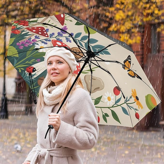 Automatic Folding Umbrella Windproof Strong, UV Protection Compact Floral Hydrangea Hummingbird Sun Rain Sun Rain Travel Umbrellas for Women Men