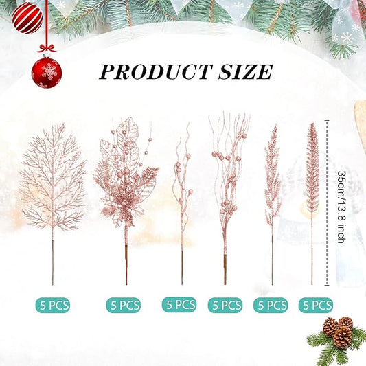 30 Pcs Artificial Christmas Tree Picks and Sprays Glitter Berry Stem Branches Holly Floral Picks Twigs Christmas Tree Ornaments for DIY Xmas Wreath Vase Filler Decorations (Rose Gold)