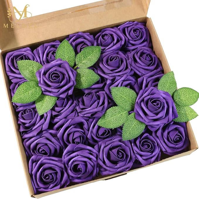 Meldel Artificial Flowers 50pcs Real Looking Purple Lilac Foam Fake Roses with Stems for DIY Wedding Bouquets Bridal Shower Centerpieces Floral Arrangements Home Decorations