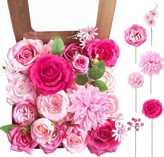 Jspupifip Pink, Hot Pink Artificial Flowers Combo Box Fake Silk Roses with Stems Hydrangea Peony Arrangement for Bridal Shower Boho DIY Wedding Cake White Flowers Table Decorations