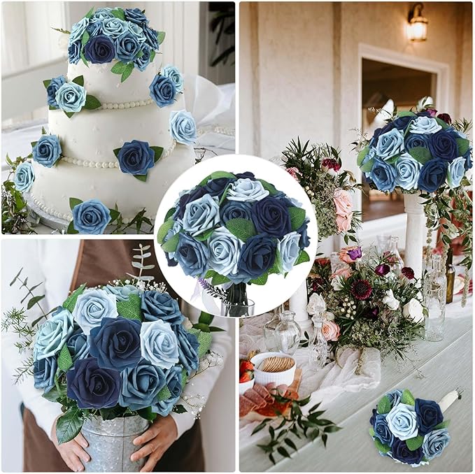 50 Pcs Artificial Foam Rose Flowers Faux Bouquet with Leaves and Stems for DIY Wedding Bouquets Centerpieces Bridal Shower Party Valentine Home Decorations (Shades of Blue)