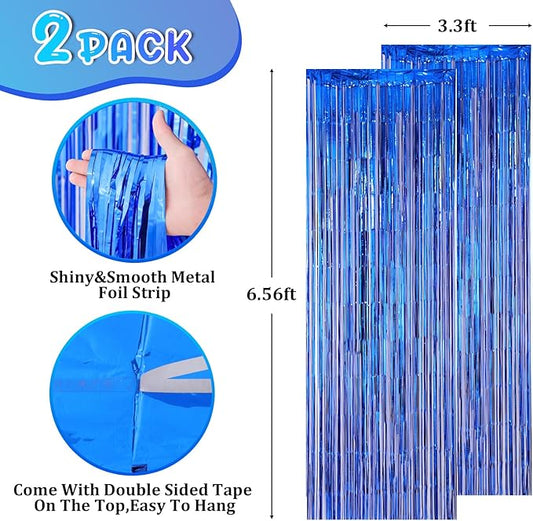 2 Pack Blue Foil Fringe Backdrop Curtains, Tinsel Streamers Party Decorations, Fringe Backdrop for Graduation, Disco Party