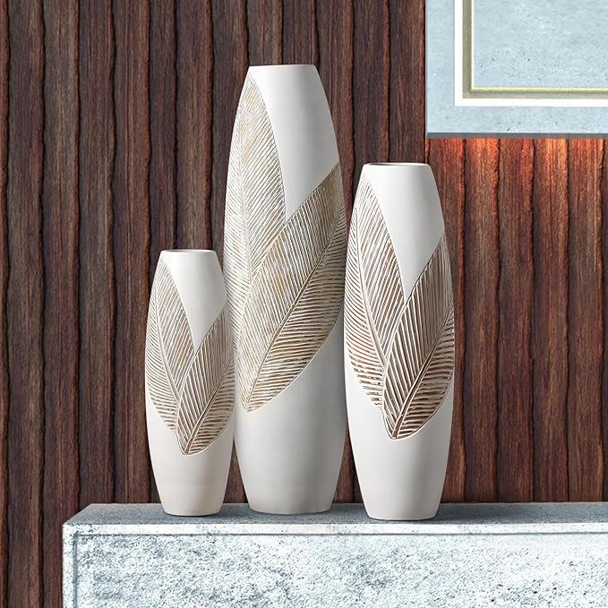 Modern Large Floor Vase White Home Decor Flower Vases 24.8 Inch Tall Resin Vase Tree Leaf Texture Decor Vases for Entryway Living Room Mantel