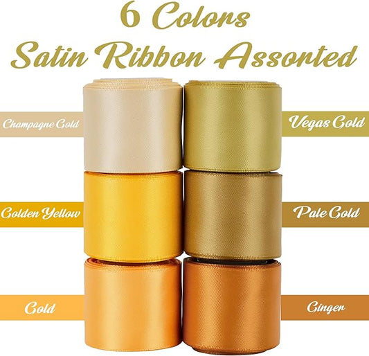 HUIHUANG Gold Ribbon for Gift Wrapping 1-1/2 inch Double-Faced Gold Satin Silk Ribbon Assortment for Flower Bouquet, Crafts, Bows Making, Christmas Holiday Decor- 6 Rolls x 5 Yards/Roll