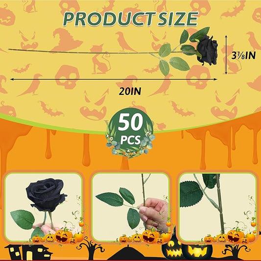 50 PCS Fake Black Roses, Artificial Flowers Bulk Halloween Decorations Realistic Silk Faux Black Roses with Stems for Gothic Wedding Party Decor, Bridal Bouquets DIY Floral Arrangement Home Decor