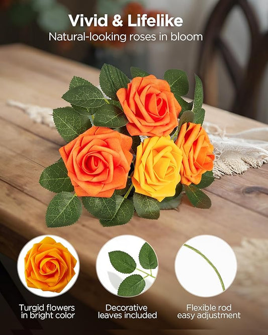 InnoGear Artificial Flowers, 50 Pcs Shades of Orange Foam Fake Roses Bulk with Stems for Autumn Fall Decoration DIY Wedding Bouquets Centerpieces Bridal Shower Party Christmas Tree