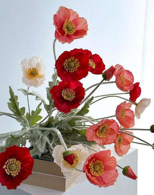 Set of 6 Red Coral Pink and Champagne Mixed Poppy Flowers Artificial, Silk Flowers with Stems for Vase for Wedding Party Home Office Indoor Kitchen Dining Table Centerpiece Decoration